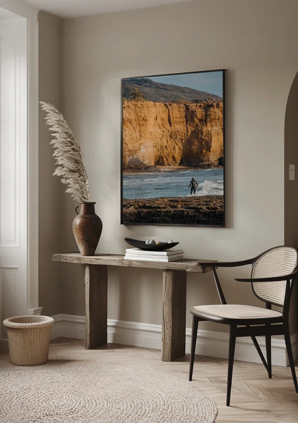 Surfer at Golden Cliffs Ocean Waves Coastal Landscape Painting