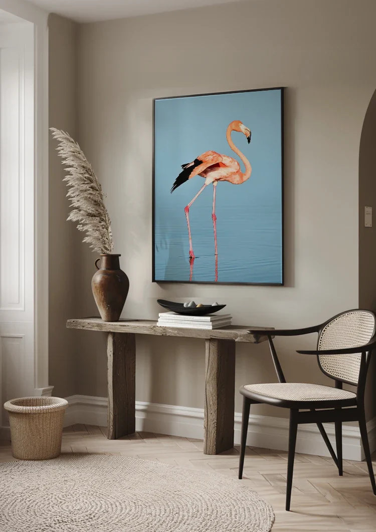 Roze Flamingo Blauw Water Minimalistische Vogel Natuur Schilderij