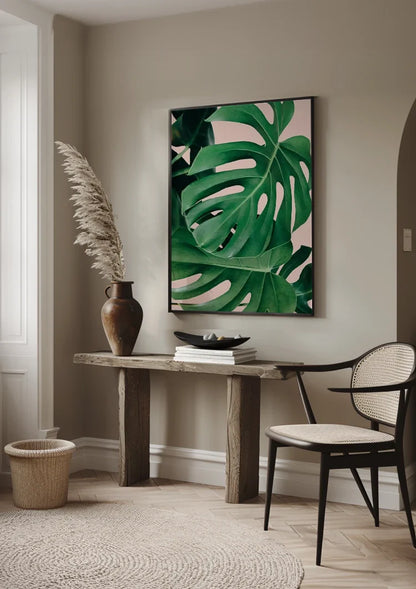 Monstera Bladeren Levendig Groen Roze Achtergrond Botanisch Tropisch Schilderij