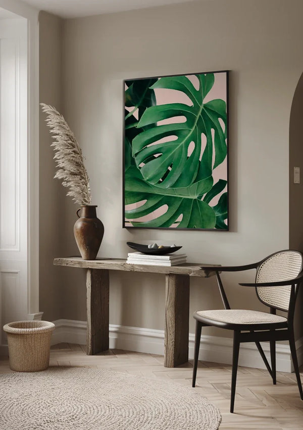 Monstera Bladeren Levendig Groen Roze Achtergrond Botanisch Tropisch Schilderij