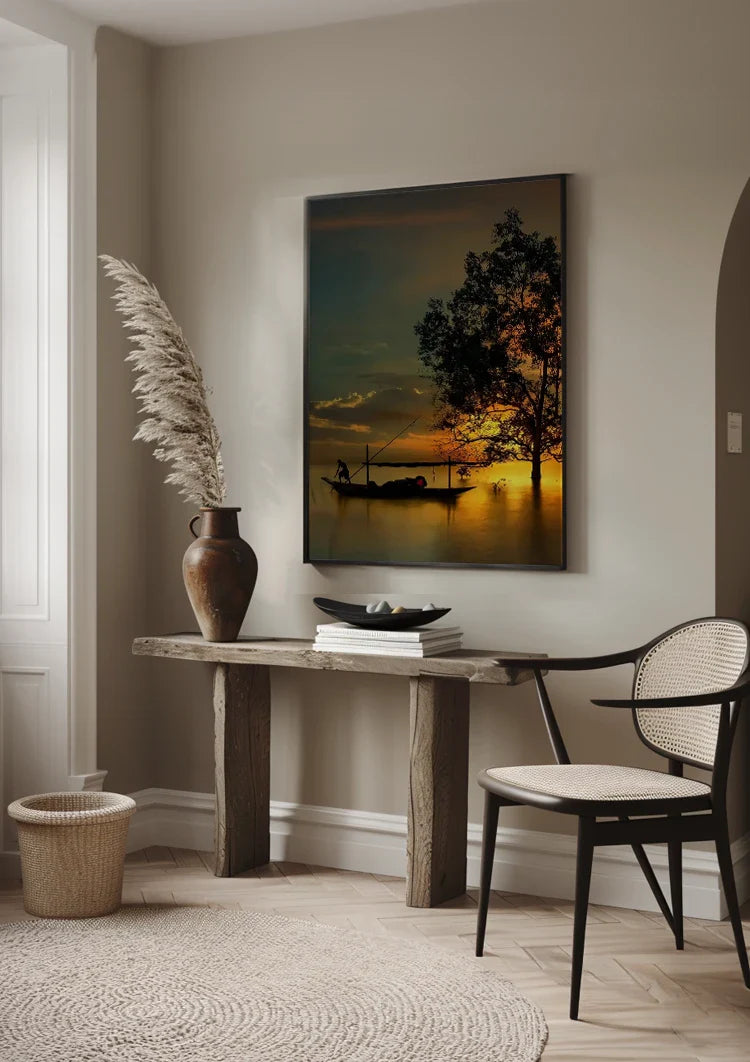 Thai Landscape Golden Sunset Boat Tree Silhouette Water Painting