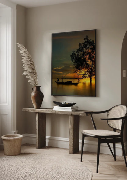 Thai Landscape Golden Sunset Boat Tree Silhouette Water Painting