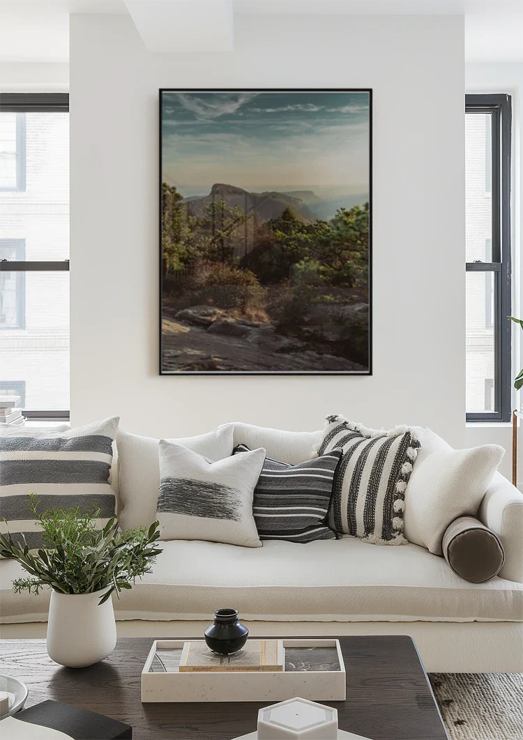 Rocky Mountain Peaks with Green Trees and Sunset Sky Painting