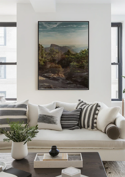 Rocky Mountain Peaks with Green Trees and Sunset Sky Painting