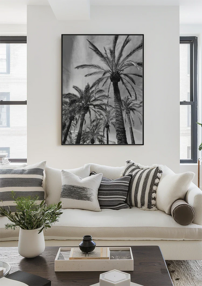 Tall Palm Trees Black White Photography Style Tropical Nature Painting