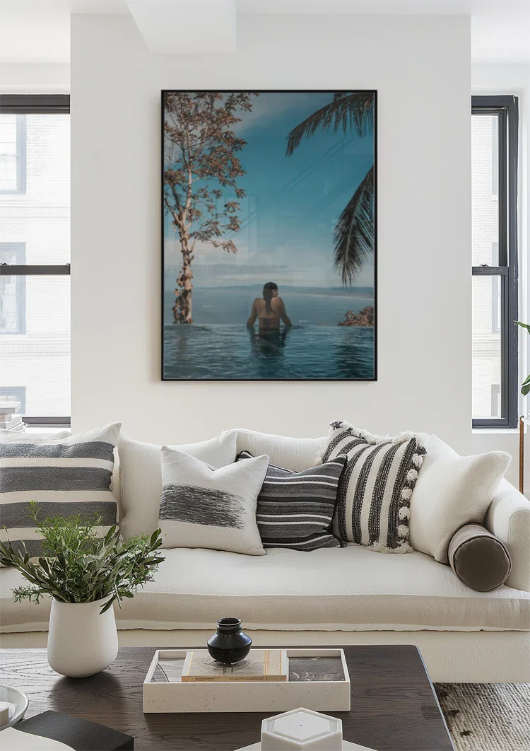 Person Turquoise Infinity Pool Tropical Sea Palm Trees Painting
