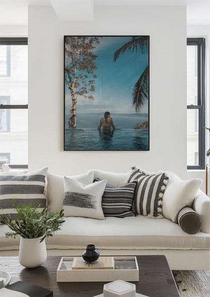 Person Turquoise Infinity Pool Tropical Sea Palm Trees Painting
