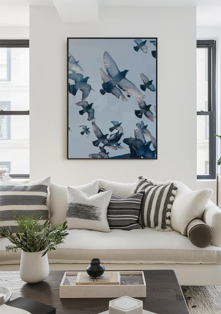 Swarm of Flying Pigeons Against Blue Sky Painting