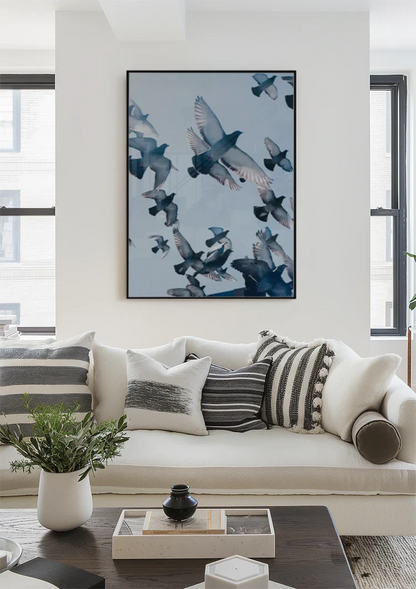 Swarm of Flying Pigeons Against Blue Sky Painting