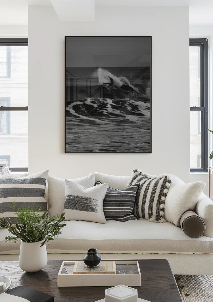 Surfer Op Grote Golf Zwart Wit Oceaan Schilderij