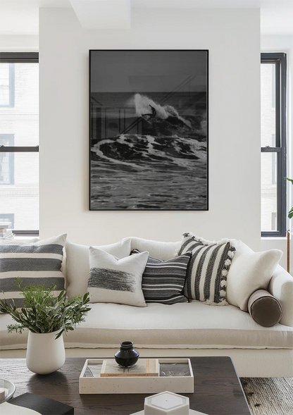 Surfer Op Grote Golf Zwart Wit Oceaan Schilderij
