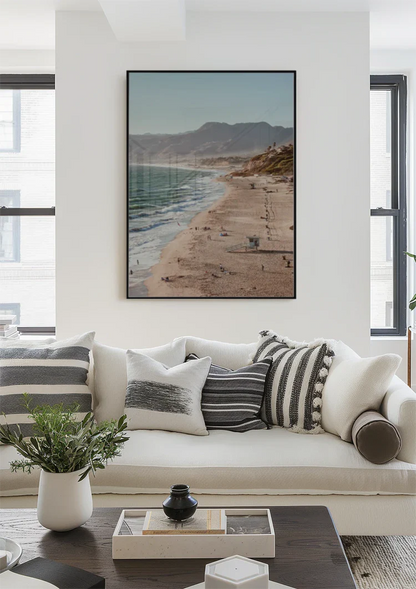 Coastline Sandy beach Mountains Sea Sunny Landscape Painting