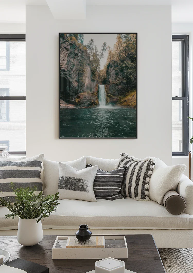 Waterfall Between High Rocks And Trees Nature Painting