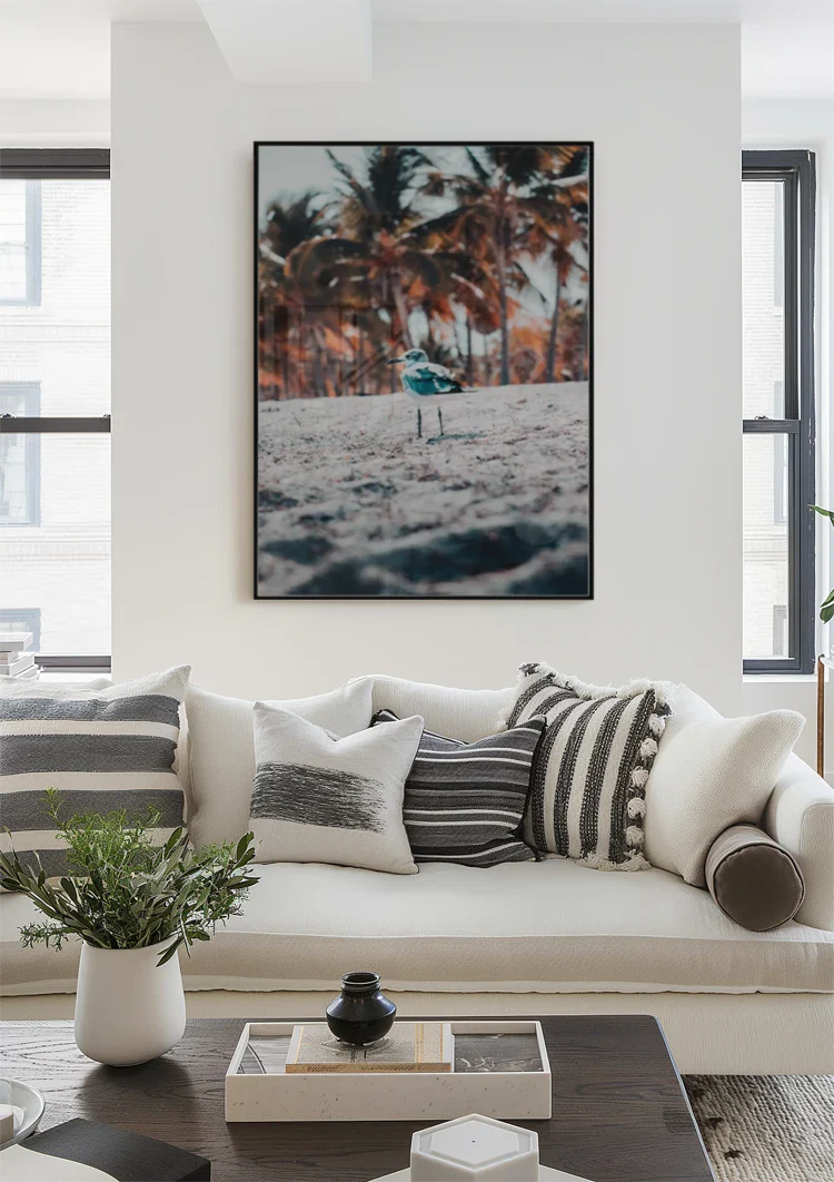 Strandvogel Palmbomen Tropisch Zandstrand Natuur Schilderij