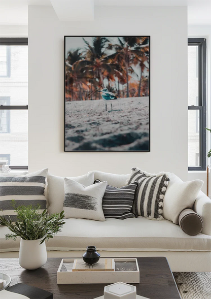 Strandvogel Palmbomen Tropisch Zandstrand Natuur Schilderij