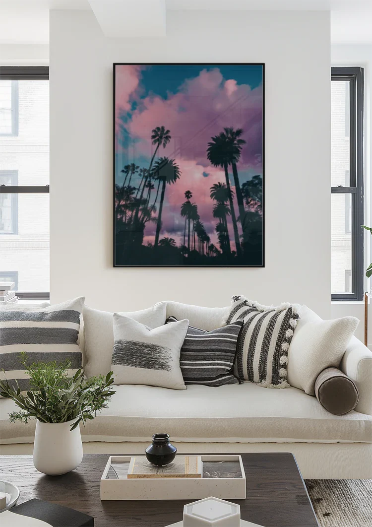 Palm Trees Against Pink Purple Cloud Sky Tropical Sunset Painting