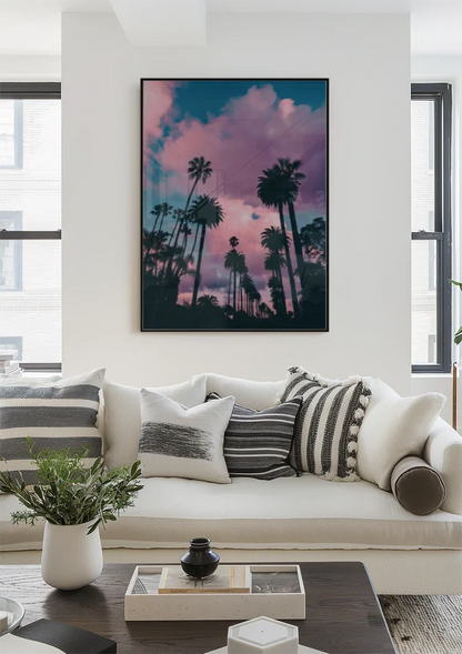 Palm Trees Against Pink Purple Cloud Sky Tropical Sunset Painting