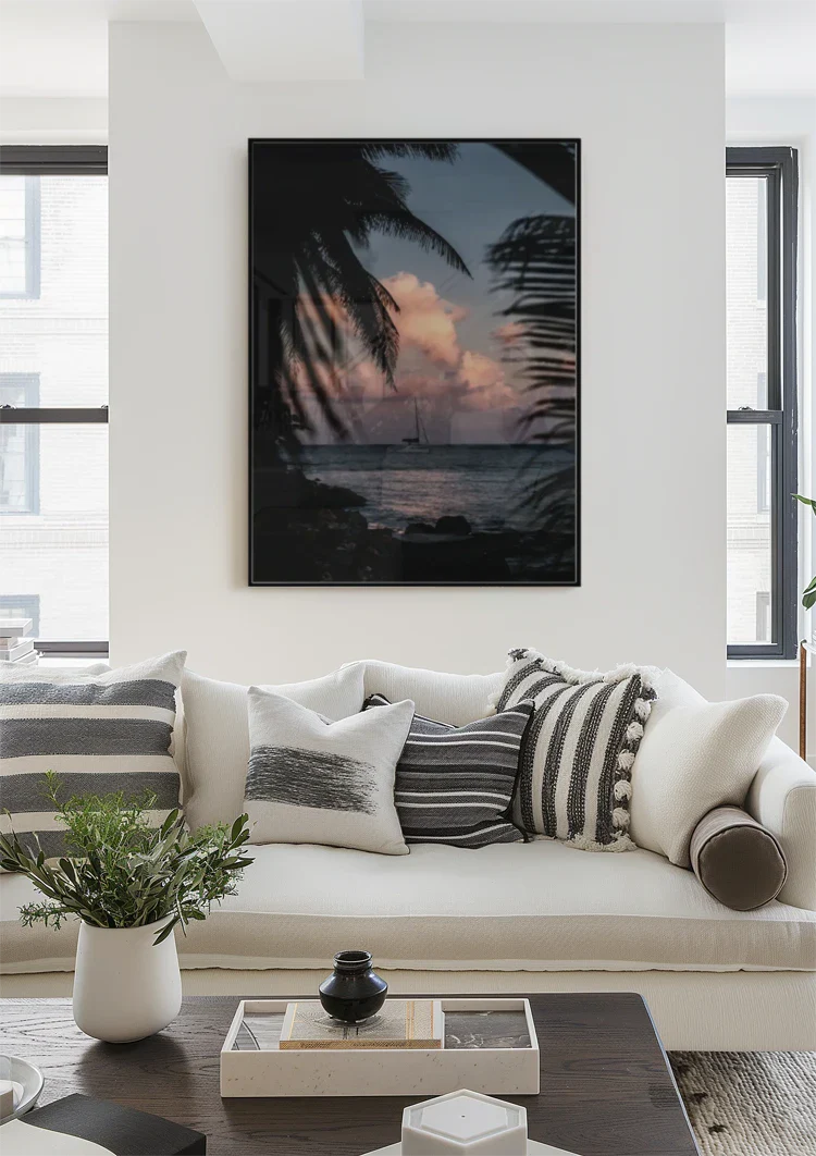 Zeilboot Zonsondergang Palmbomen Tropische Zee Schilderij