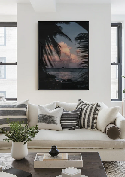 Zeilboot Zonsondergang Palmbomen Tropische Zee Schilderij