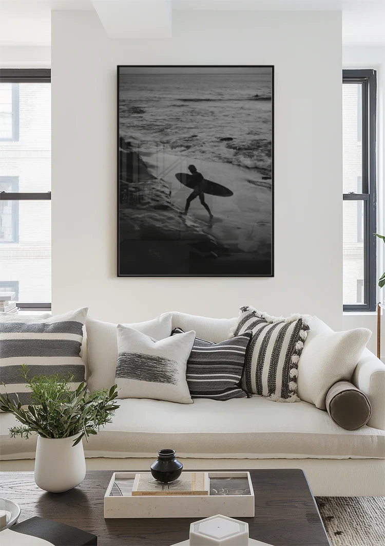Surfer with Surfboard on Rocky Coast Black and White Ocean Painting