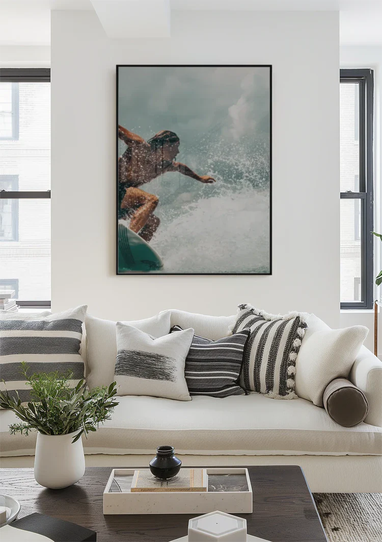 Surfer In Action On Wave Splashing Water Close Up Painting