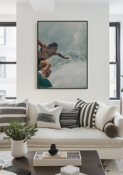 Surfer In Action On Wave Splashing Water Close Up Painting