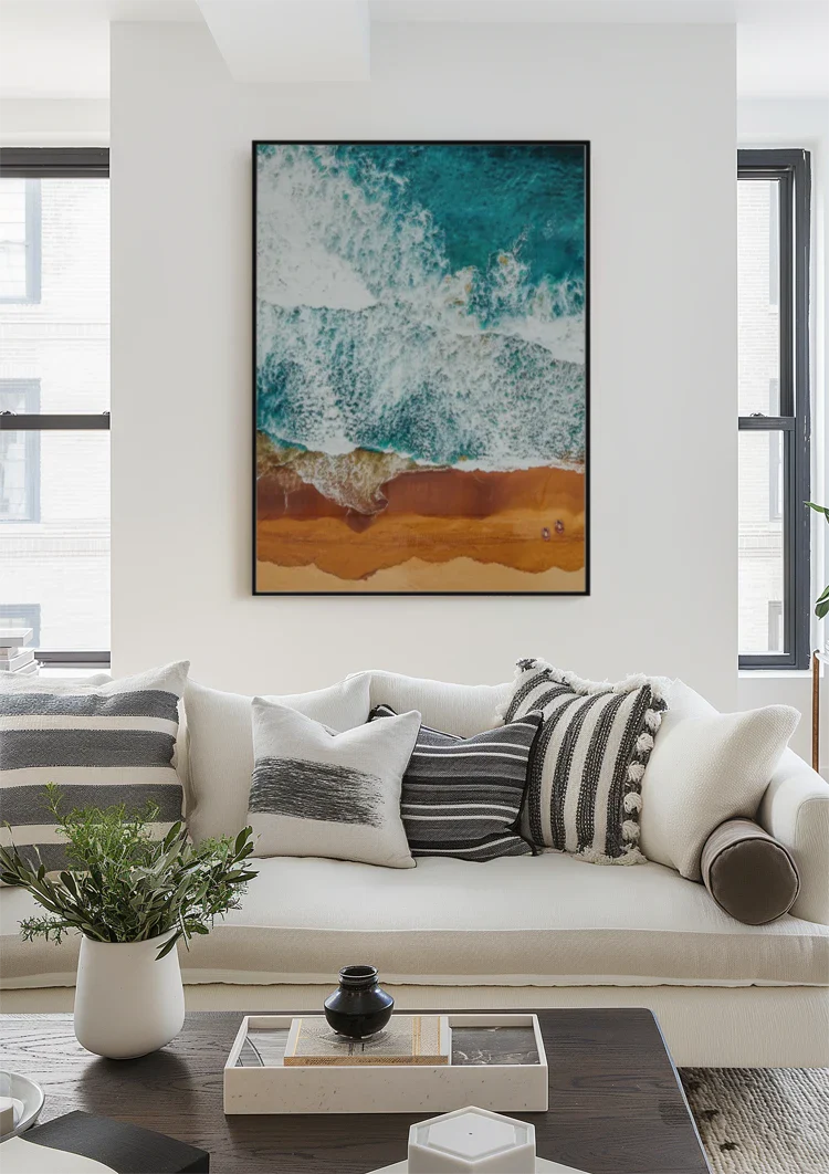 Turquoise Golven Op Goudbruin Strand Bovenaanzicht Schilderij