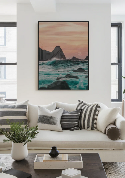 Woeste Zee Turquoise Golven Rotsen Zonsondergang Zeegezicht Schilderij