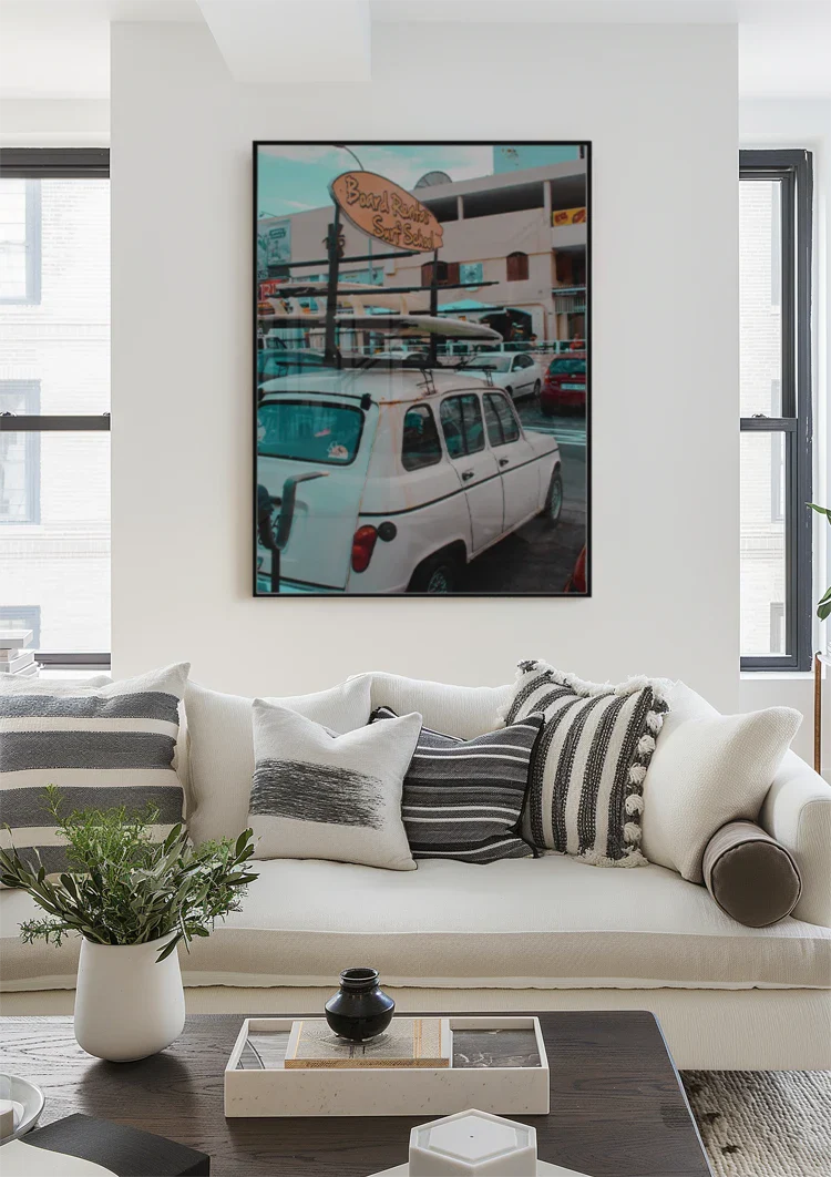 Vintage Auto Surfschule Werbung Straßenszene Türkis Retro Gemälde