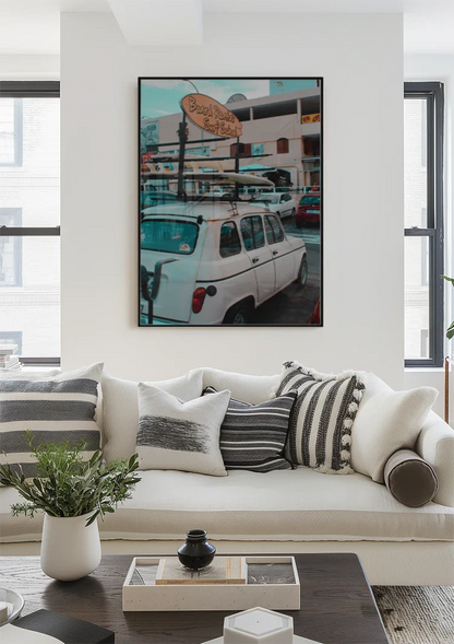 Vintage Auto Surfschule Werbung Straßenszene Türkis Retro Gemälde