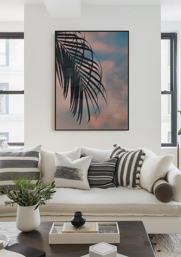 Palmbladsilhouet Pastel Zonsondergang Hemel Tropisch Schilderij