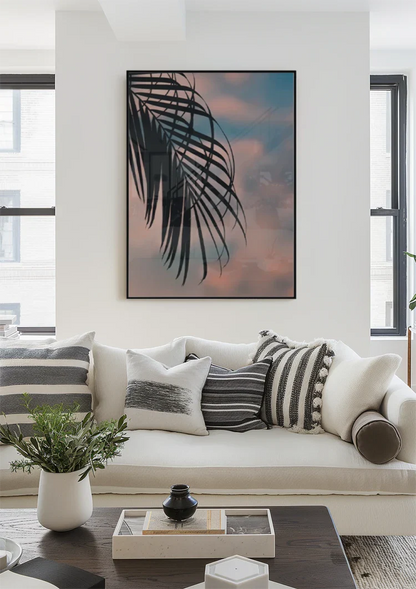 Palmbladsilhouet Pastel Zonsondergang Hemel Tropisch Schilderij