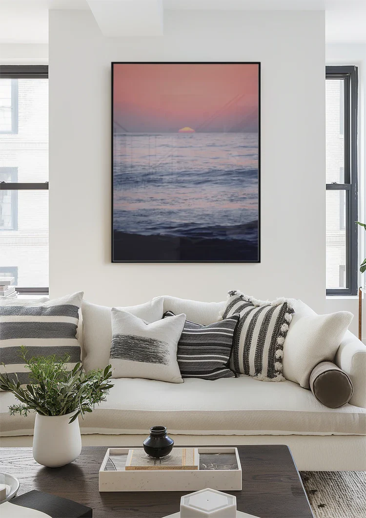 Pink Sunset Ocean Horizon Calm Seascape Painting