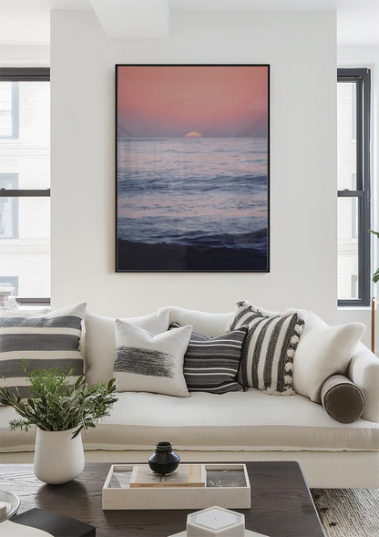 Pink Sunset Ocean Horizon Calm Seascape Painting