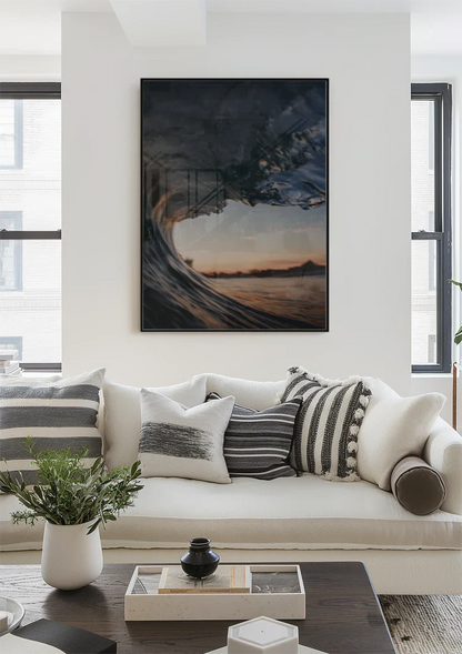 Binnenkant Van Een Golf Bij Zonsondergang Barrel Perspectief Schilderij