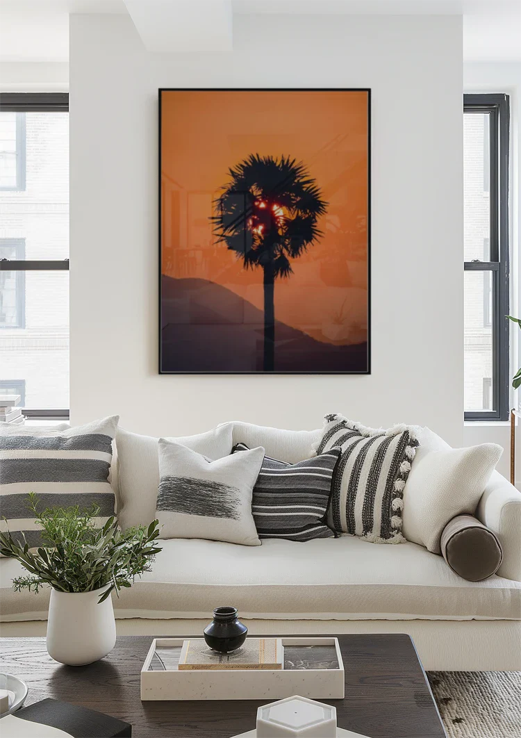 Palm Tree Silhouette Orange Sunset Sun Through Leaves Painting