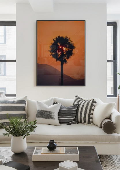 Palm Tree Silhouette Orange Sunset Sun Through Leaves Painting