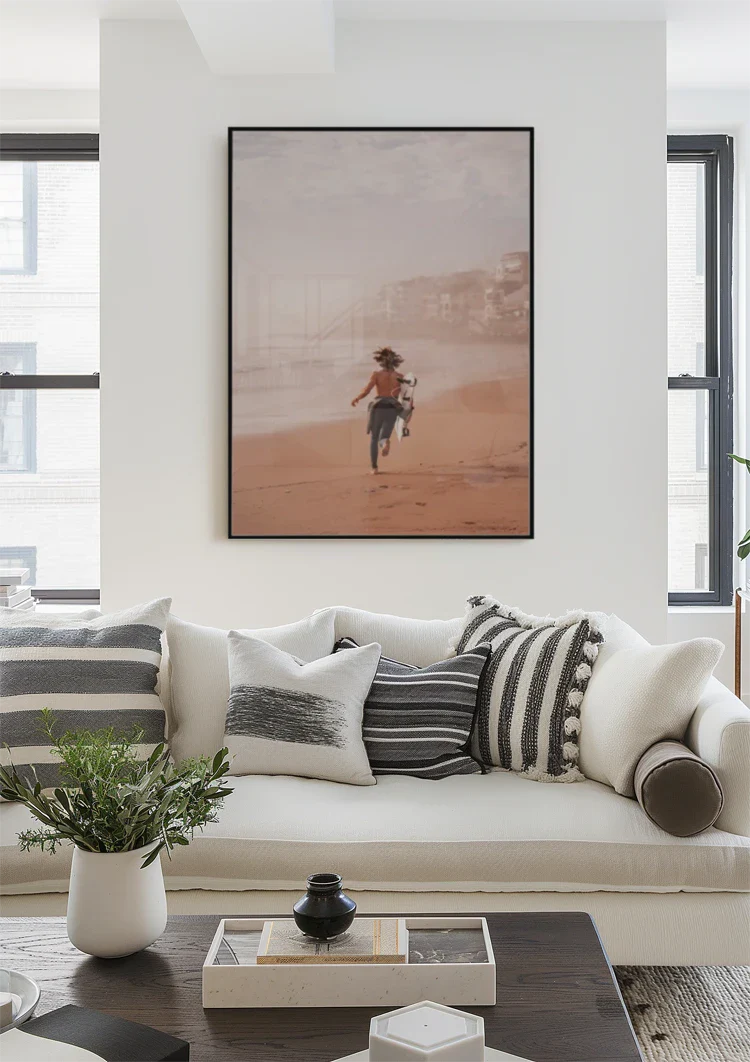 Surfer Boy Running on Beach with Surfboard Warm Tones Painting