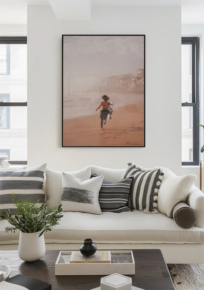 Surfer Boy Running on Beach with Surfboard Warm Tones Painting