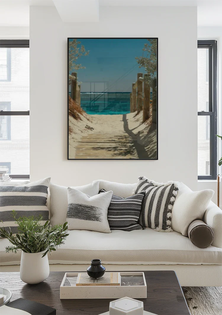Sandy Path To Turquoise Sea Wooden Posts Coastal Landscape Painting