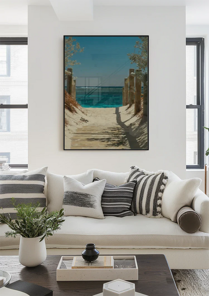 Sandy Path To Turquoise Sea Wooden Posts Coastal Landscape Painting