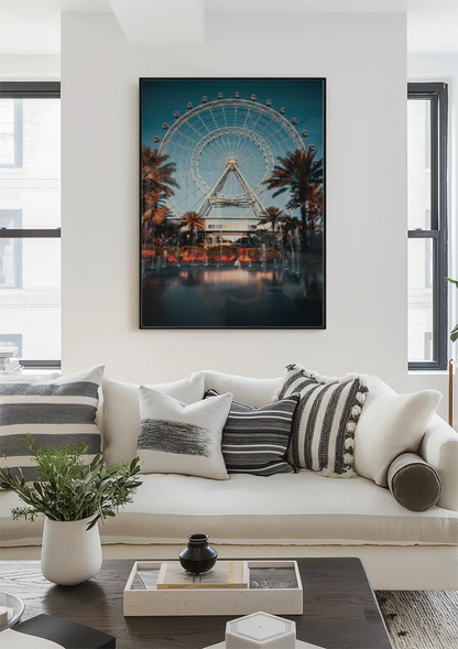 Beleuchtetes Riesenrad Palmen Abenddämmerung Spiegelung Gemälde