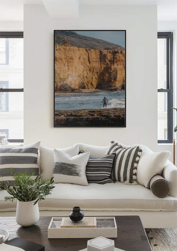 Surfer at Golden Cliffs Ocean Waves Coastal Landscape Painting
