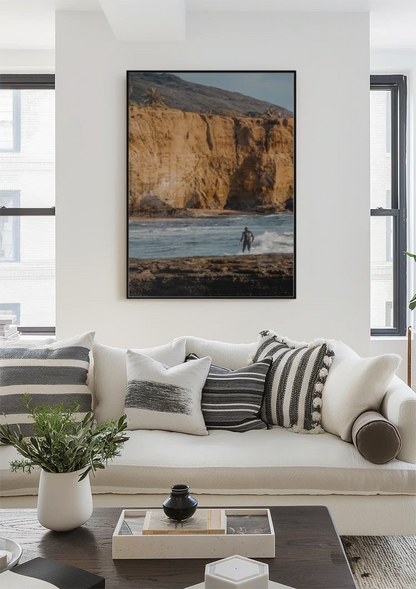 Surfer at Golden Cliffs Ocean Waves Coastal Landscape Painting