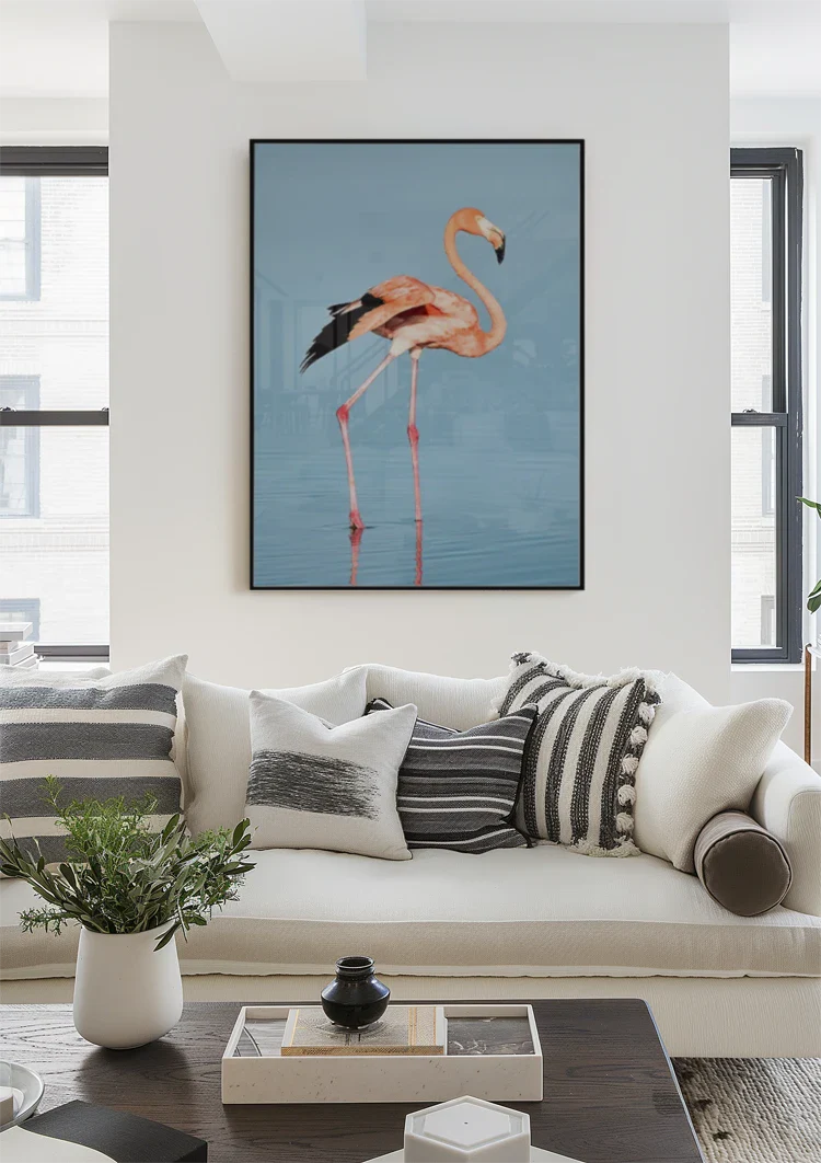 Roze Flamingo Blauw Water Minimalistische Vogel Natuur Schilderij