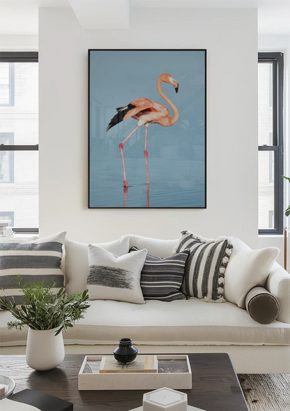 Roze Flamingo Blauw Water Minimalistische Vogel Natuur Schilderij