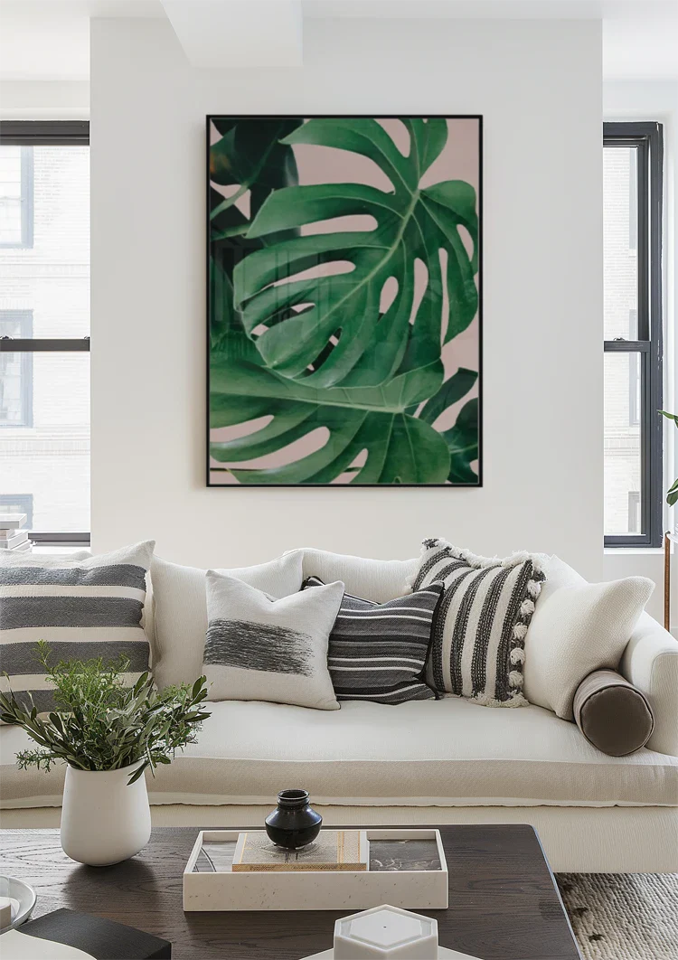 Monstera Bladeren Levendig Groen Roze Achtergrond Botanisch Tropisch Schilderij