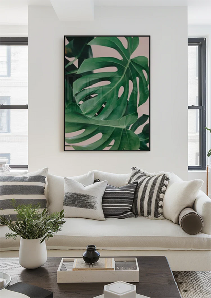 Monstera Bladeren Levendig Groen Roze Achtergrond Botanisch Tropisch Schilderij