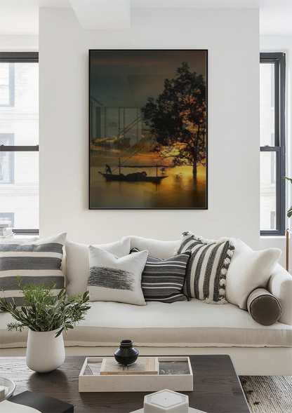 Thai Landscape Golden Sunset Boat Tree Silhouette Water Painting