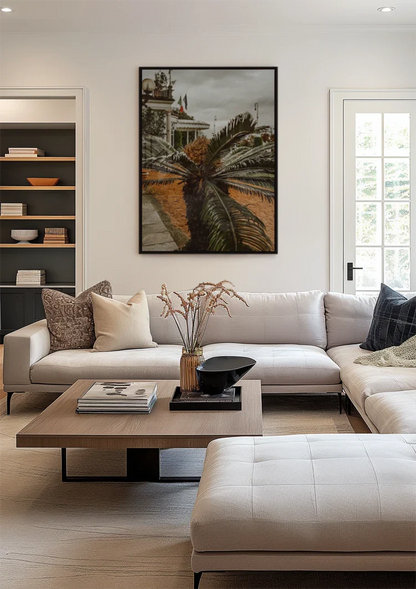 Palme nahaufnahme mit dramatischen Blättern gegen bewölkten Himmel Gemälde